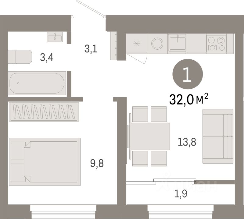 1-комн.кв., 32 м², 7/8 этаж