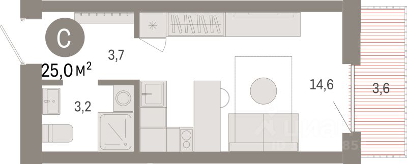 Студия, 25 м², 5/8 этаж