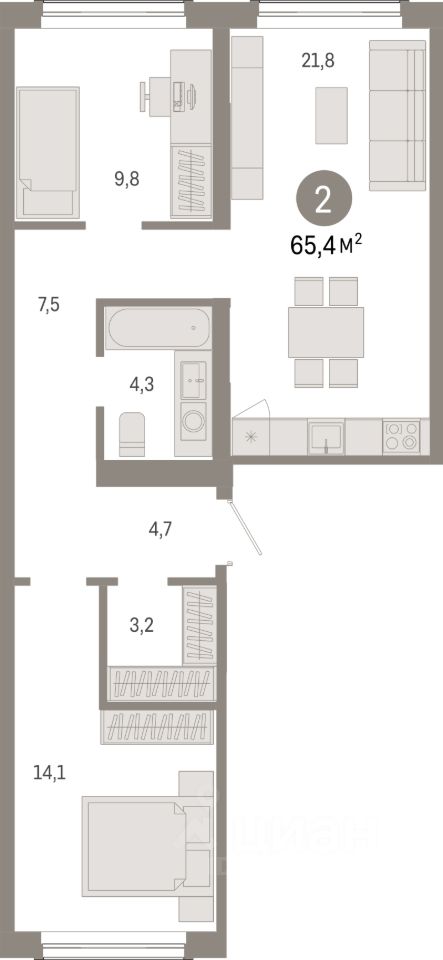 2-комн.кв., 65,4 м², 2/8 этаж