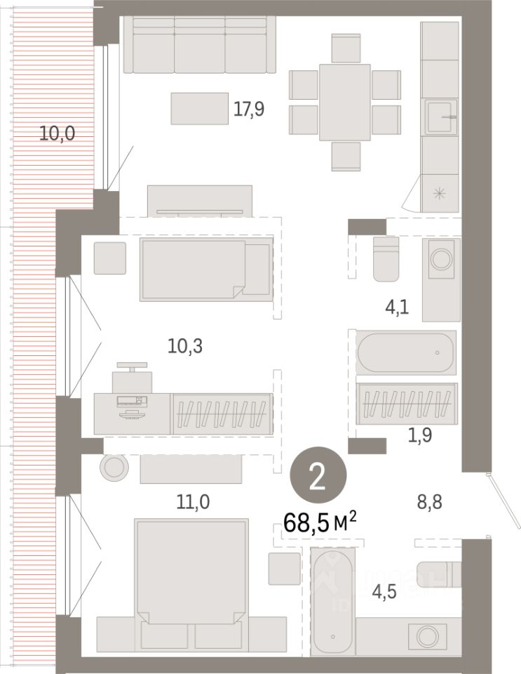 2-комн.кв., 68,5 м², 7/8 этаж