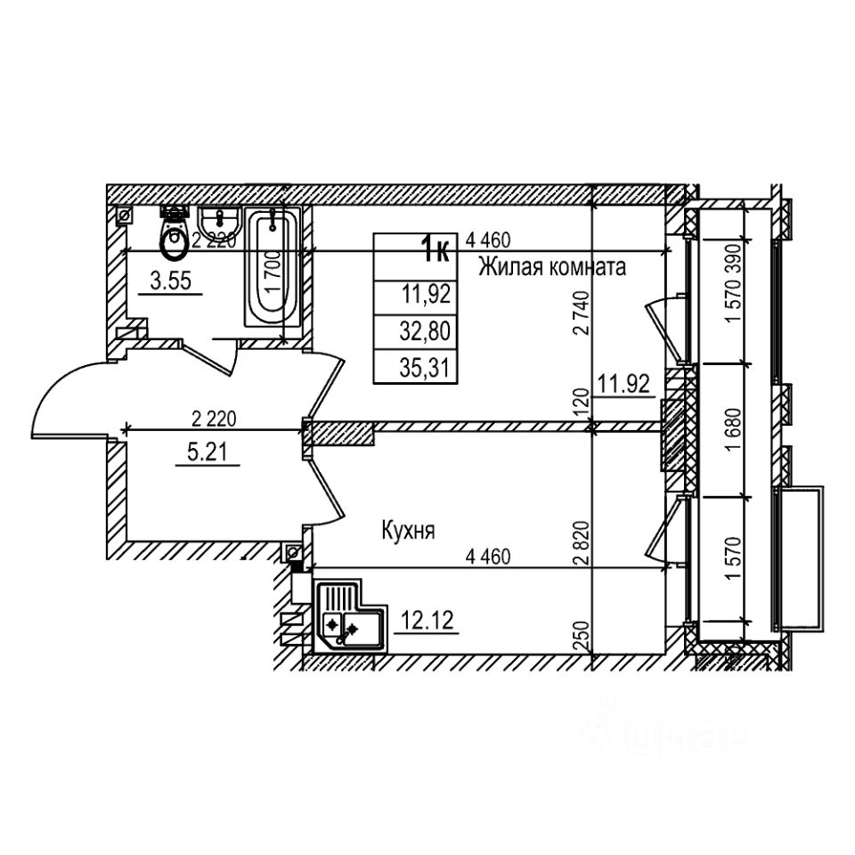 1-комн.кв., 32,8 м², 2/29 этаж
