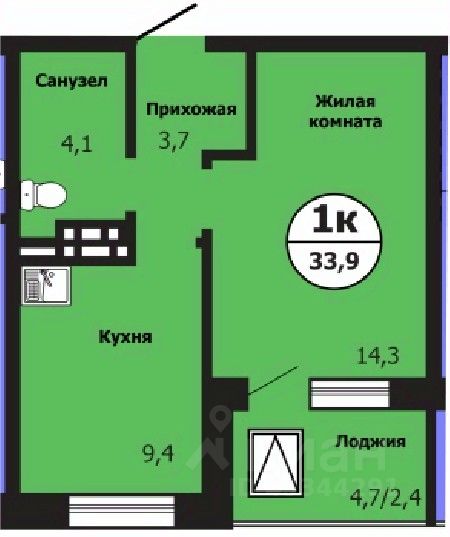 1-комн.кв., 33,3 м², 1/19 этаж