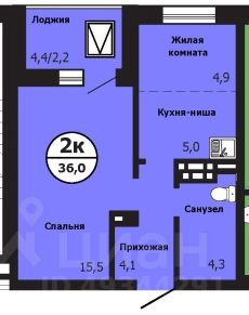 2-комн.кв., 35,7 м², 17/19 этаж