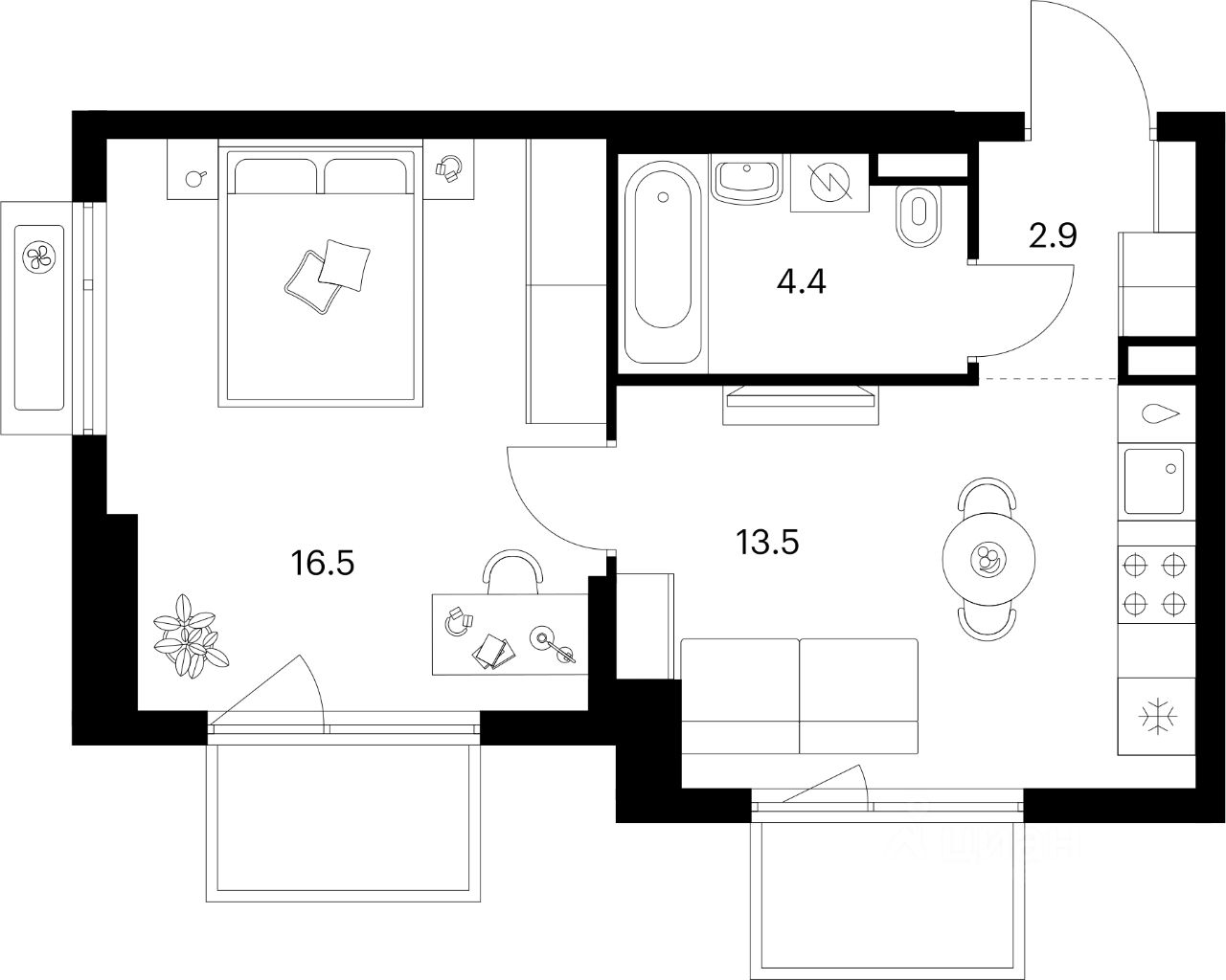 1-комн.кв., 38,9 м², 4/16 этаж