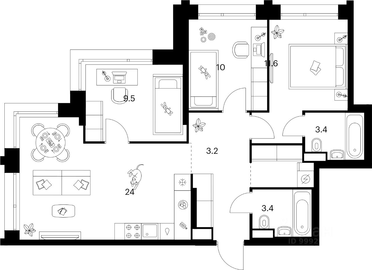 3-комн.кв., 74,4 м², 22/30 этаж