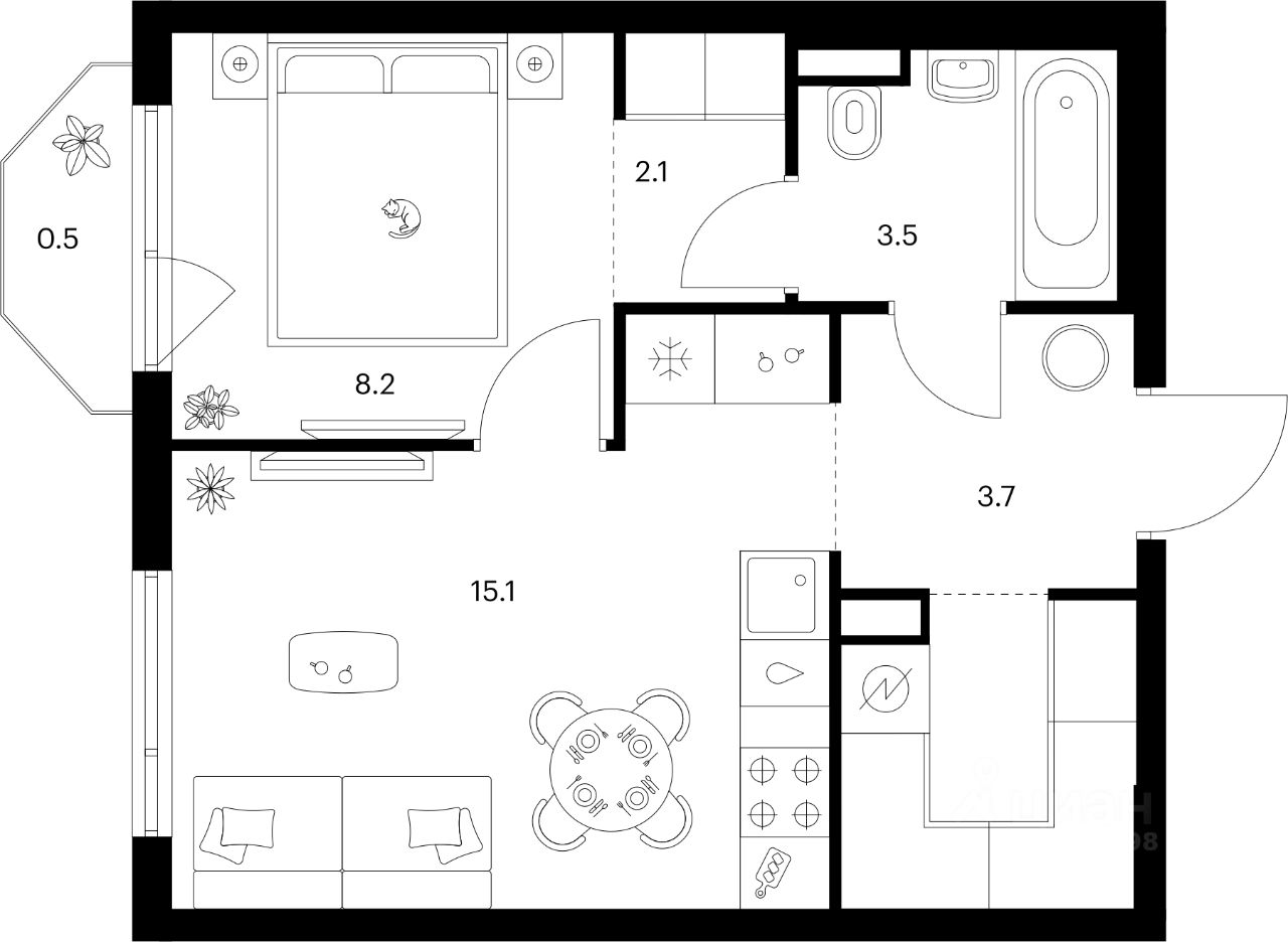1-комн.кв., 37,1 м², 2/16 этаж