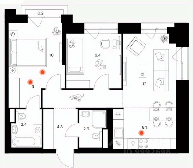 2-комн.кв., 57,7 м², 14/19 этаж