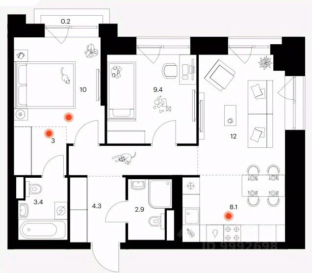 2-комн.кв., 57,7 м², 8/19 этаж