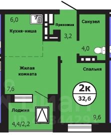 2-комн.кв., 32,3 м², 8/19 этаж