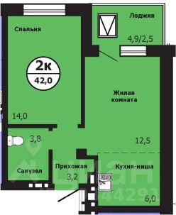 2-комн.кв., 41,4 м², 1/19 этаж