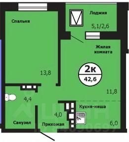 2-комн.кв., 42,4 м², 5/19 этаж