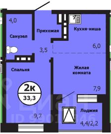 2-комн.кв., 33,1 м², 11/19 этаж