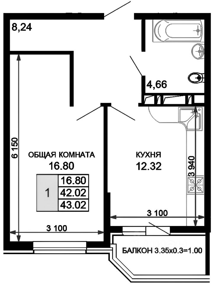 Планировка этой квартиры по данным Циан