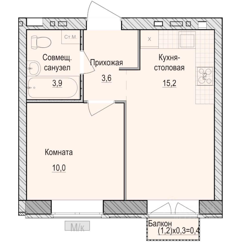 1-комн.кв., 33,1 м², 2/5 этаж