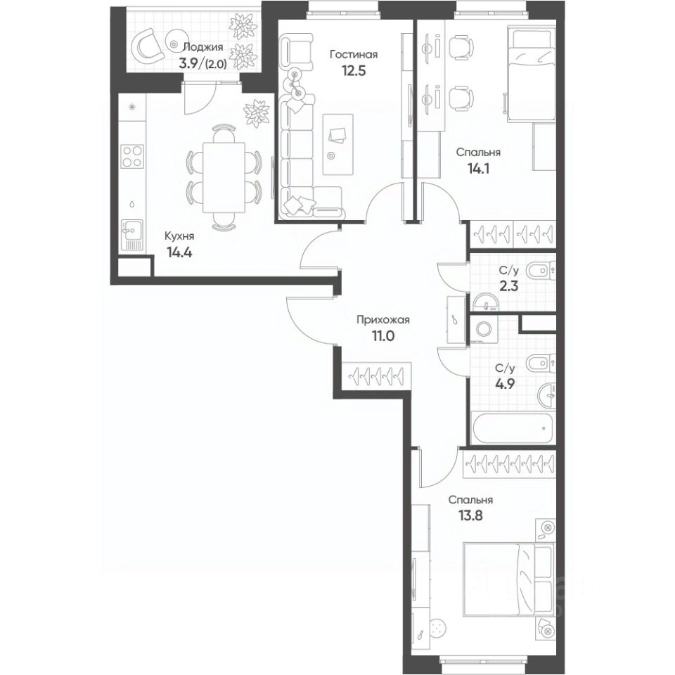 3-комн.кв., 74,8 м², 8/10 этаж