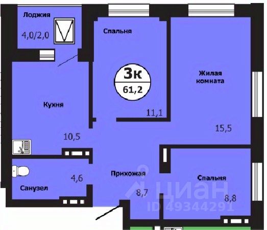 3-комн.кв., 60,6 м², 19/19 этаж