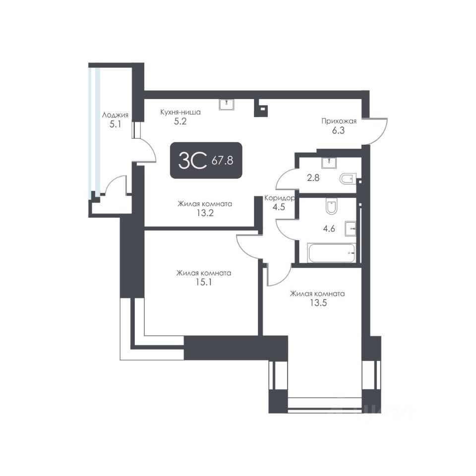 3-комн. квартира, 67.8 м² — фото 1