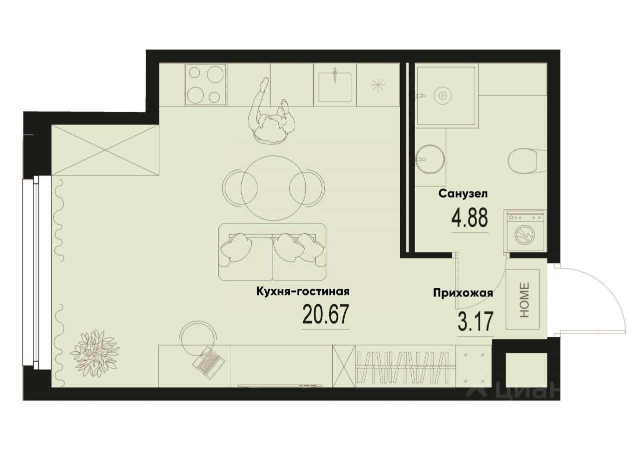 Студия, 28,7 м², 2/12 этаж