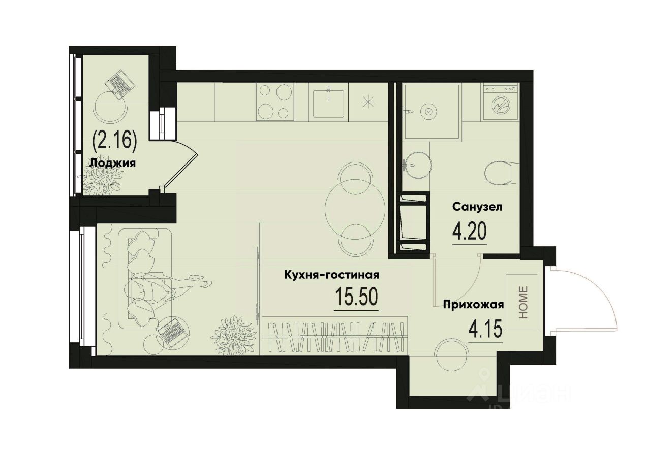 Студия, 24,9 м², 8/12 этаж