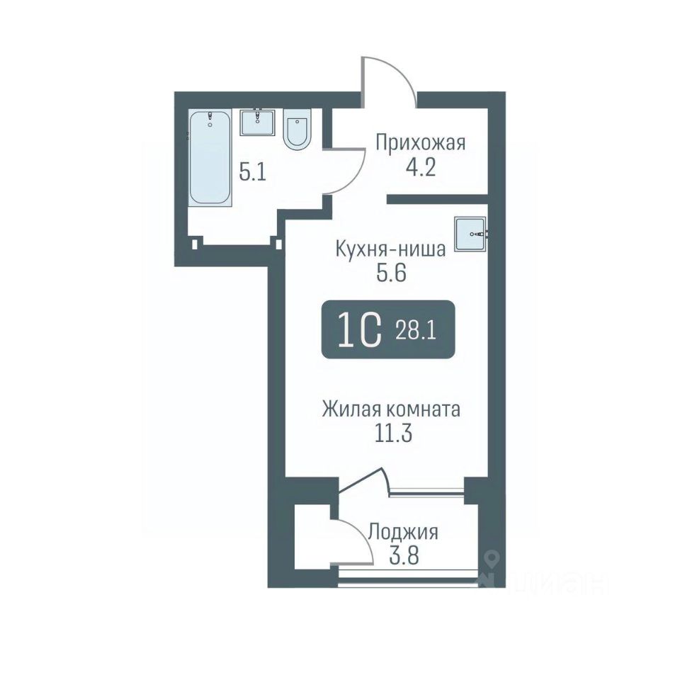 1-комн. квартира, 28.1 м² — фото 1