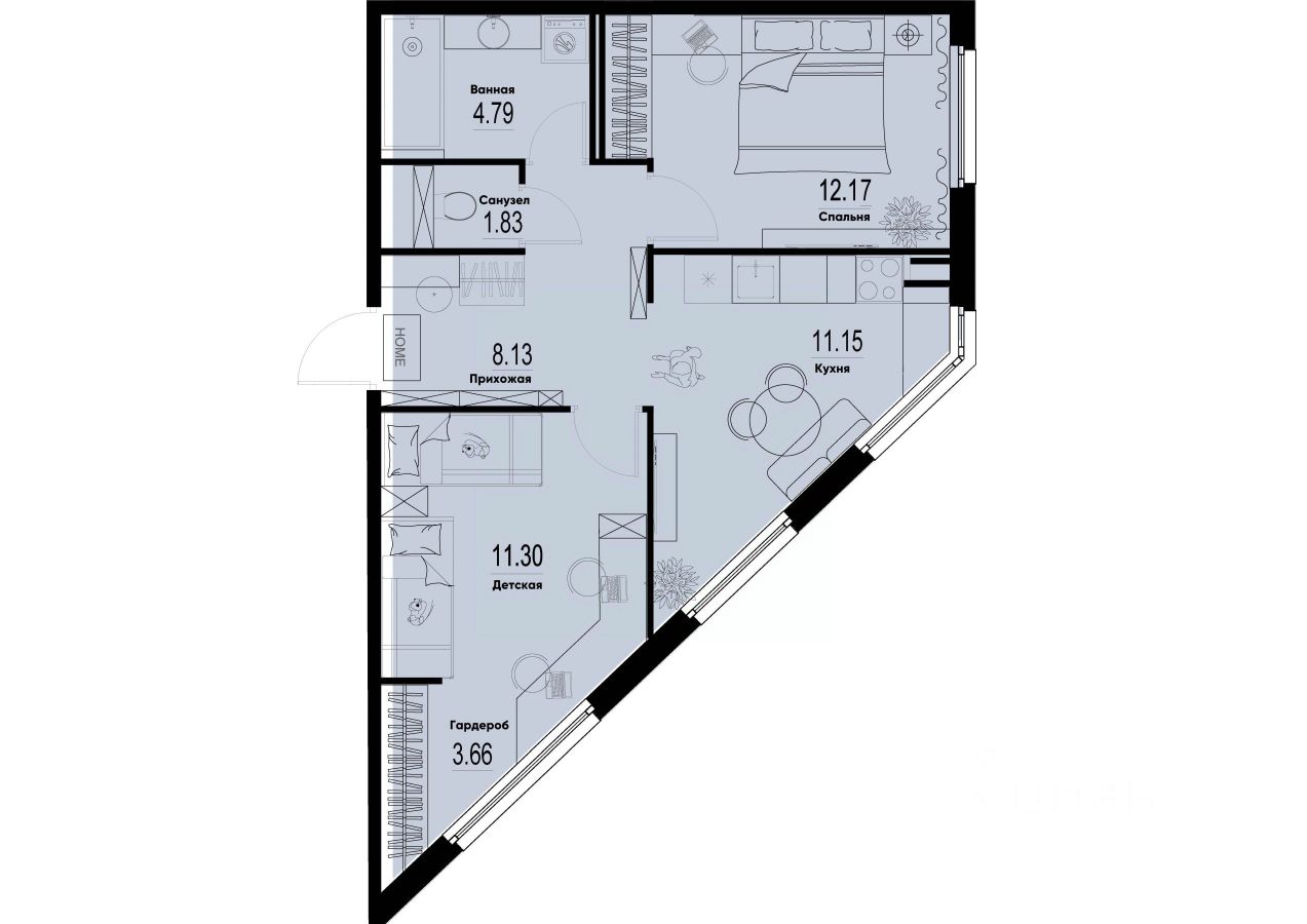 2-комн.кв., 53 м², 2/12 этаж
