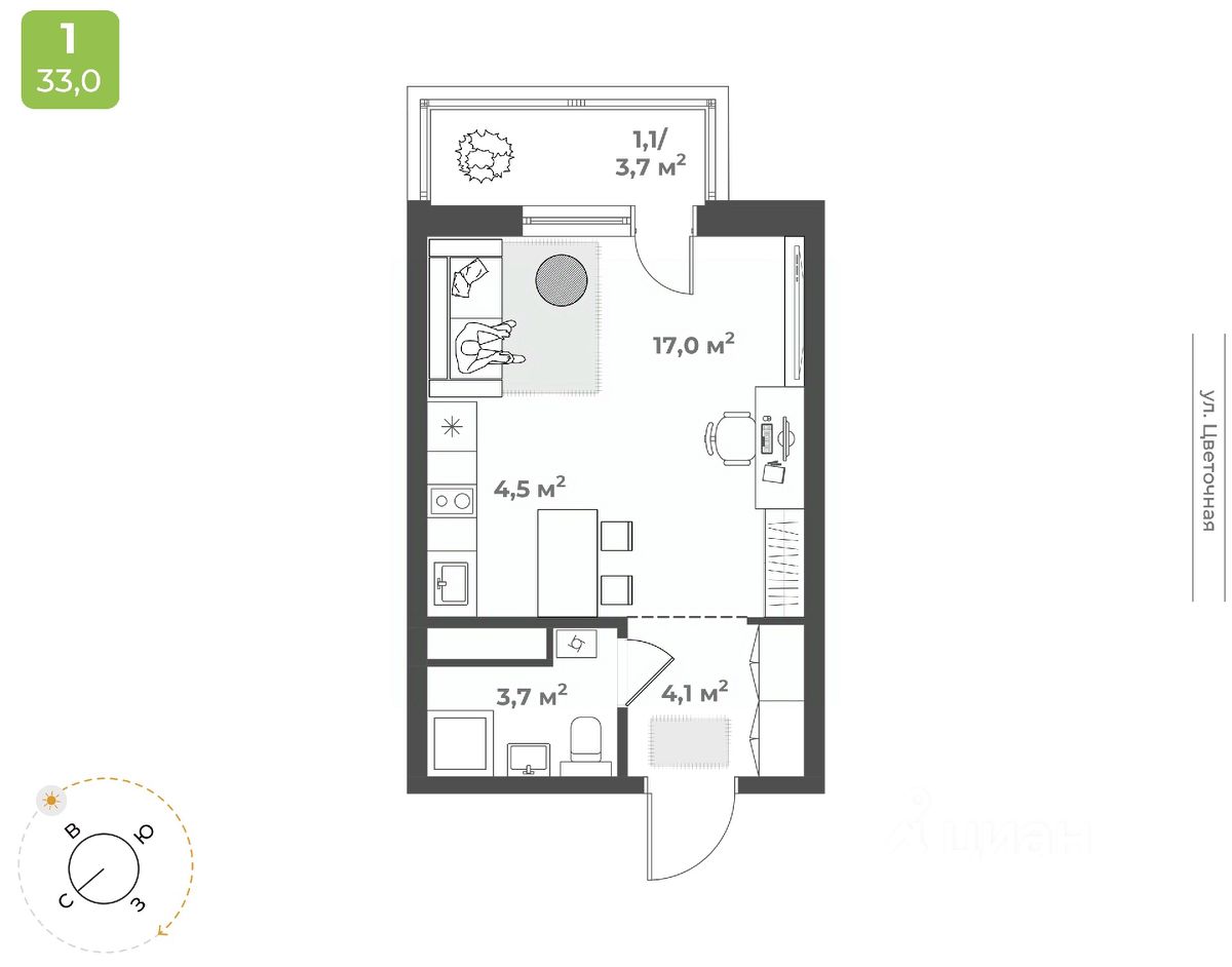 Студия, 30,4 м², 7/17 этаж