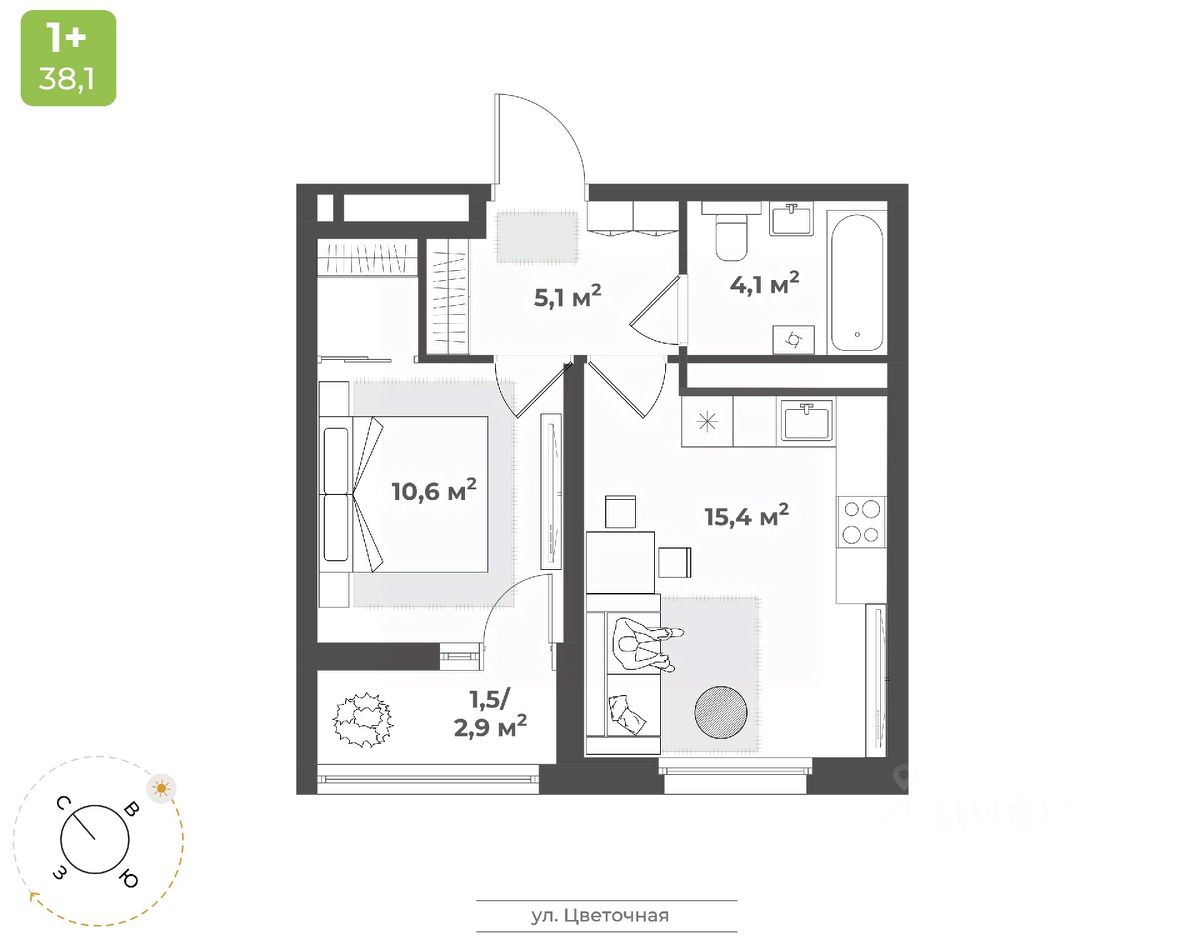 1-комн.кв., 36,7 м², 12/17 этаж