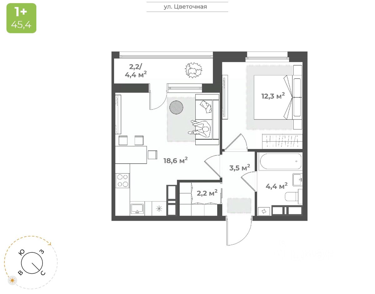 1-комн.кв., 43,2 м², 15/17 этаж