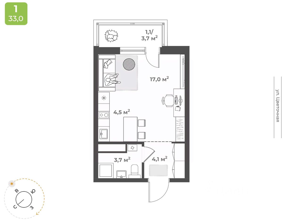 Студия, 30,4 м², 3/17 этаж