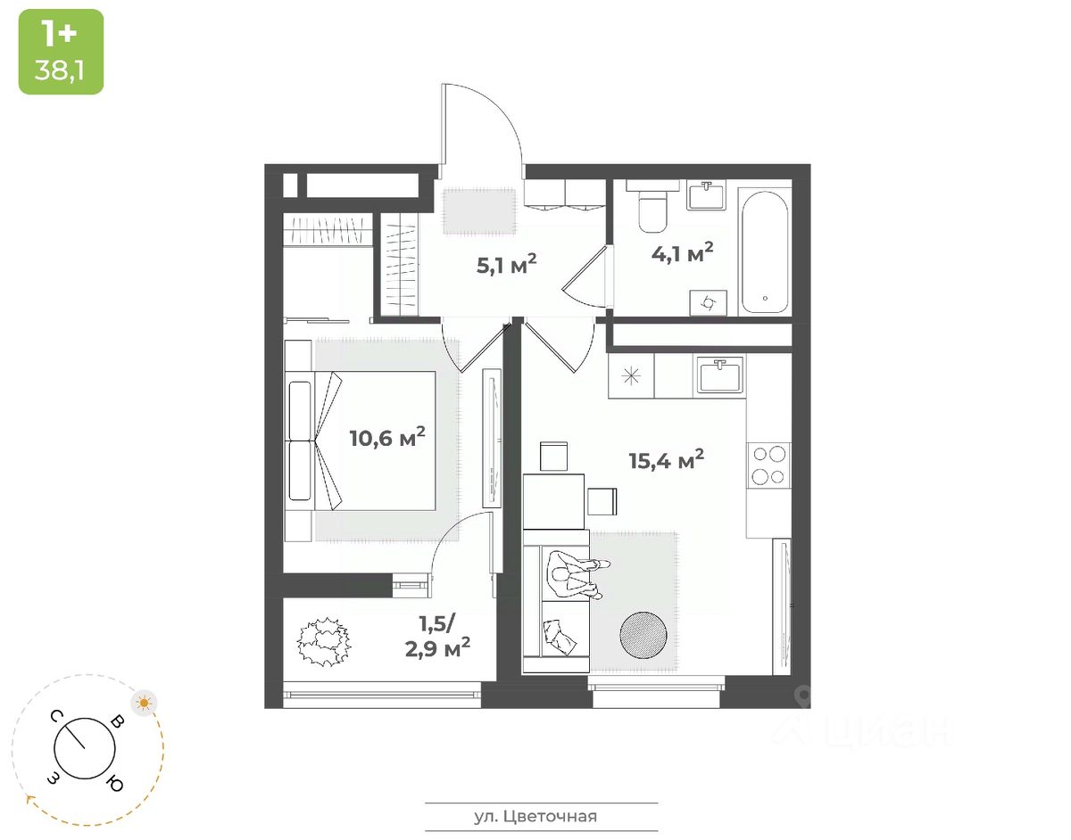 1-комн.кв., 36,7 м², 13/17 этаж