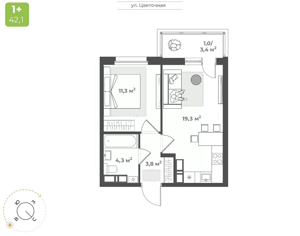 1-комн.кв., 39,7 м², 14/17 этаж