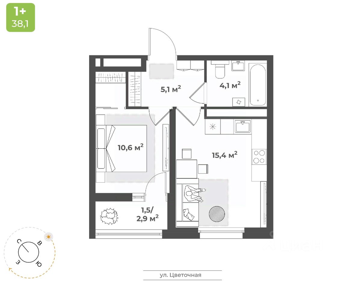 1-комн.кв., 36,7 м², 16/17 этаж