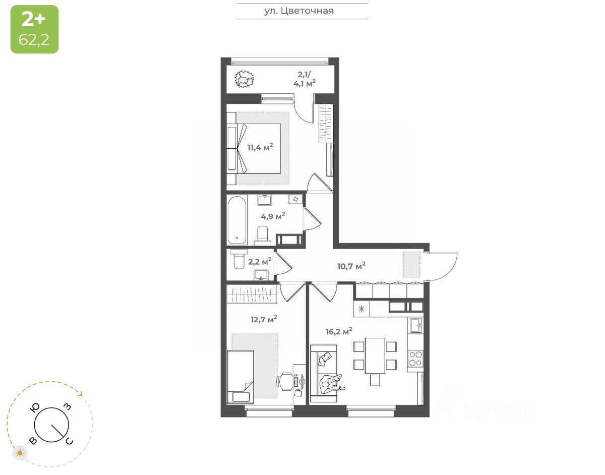 2-комн.кв., 60,2 м², 10/17 этаж