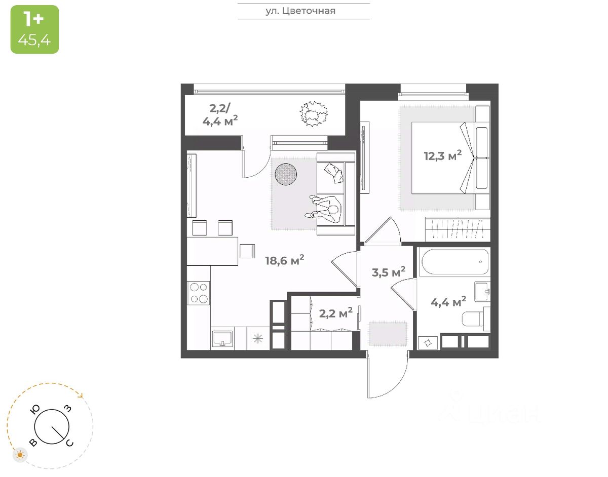 1-комн.кв., 43,2 м², 11/17 этаж