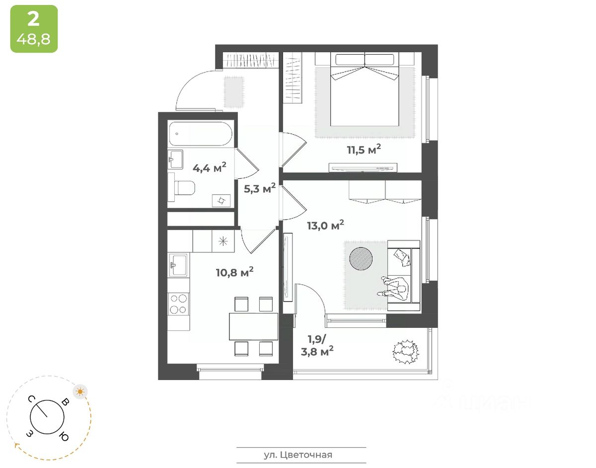 2-комн.кв., 46,9 м², 17/17 этаж