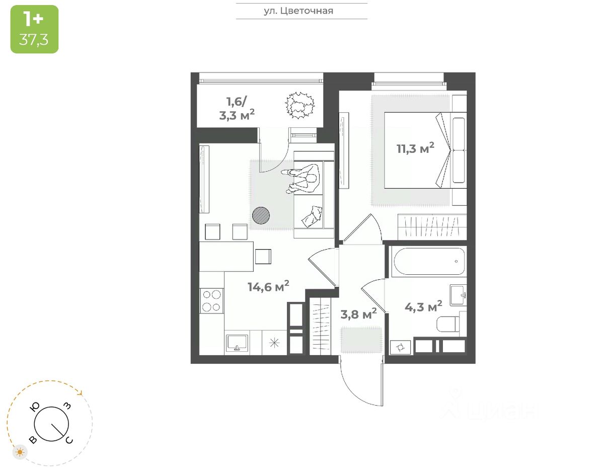 1-комн.кв., 35,6 м², 15/17 этаж