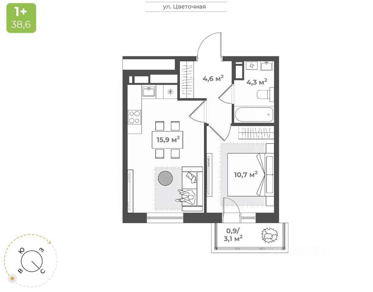 1-комн.кв., 36,4 м², 15/17 этаж
