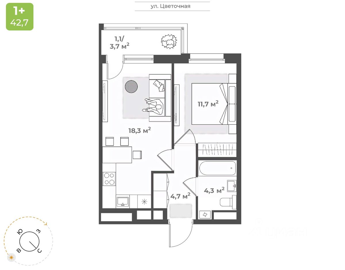 1-комн.кв., 40,1 м², 9/17 этаж