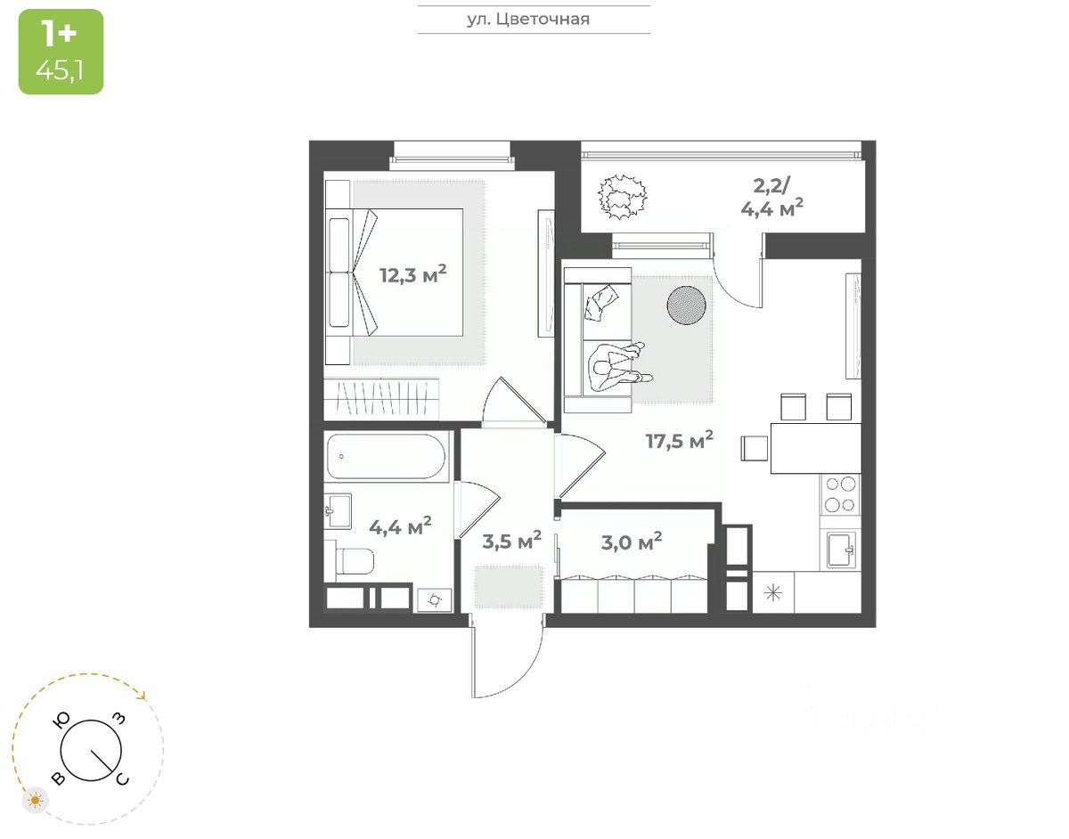 1-комн.кв., 42,9 м², 3/17 этаж