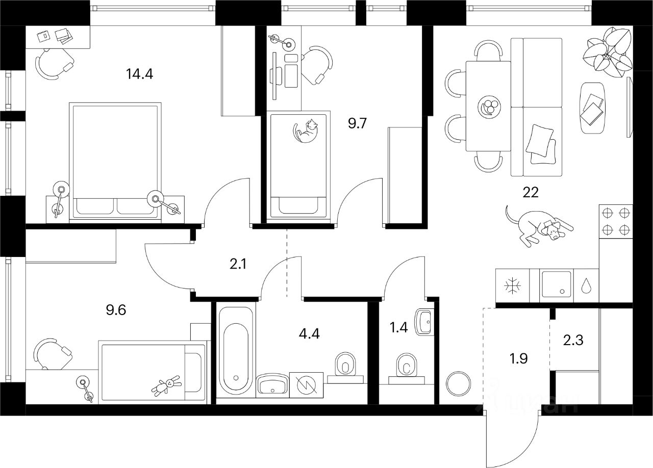 3-комн.кв., 67,8 м², 11/23 этаж