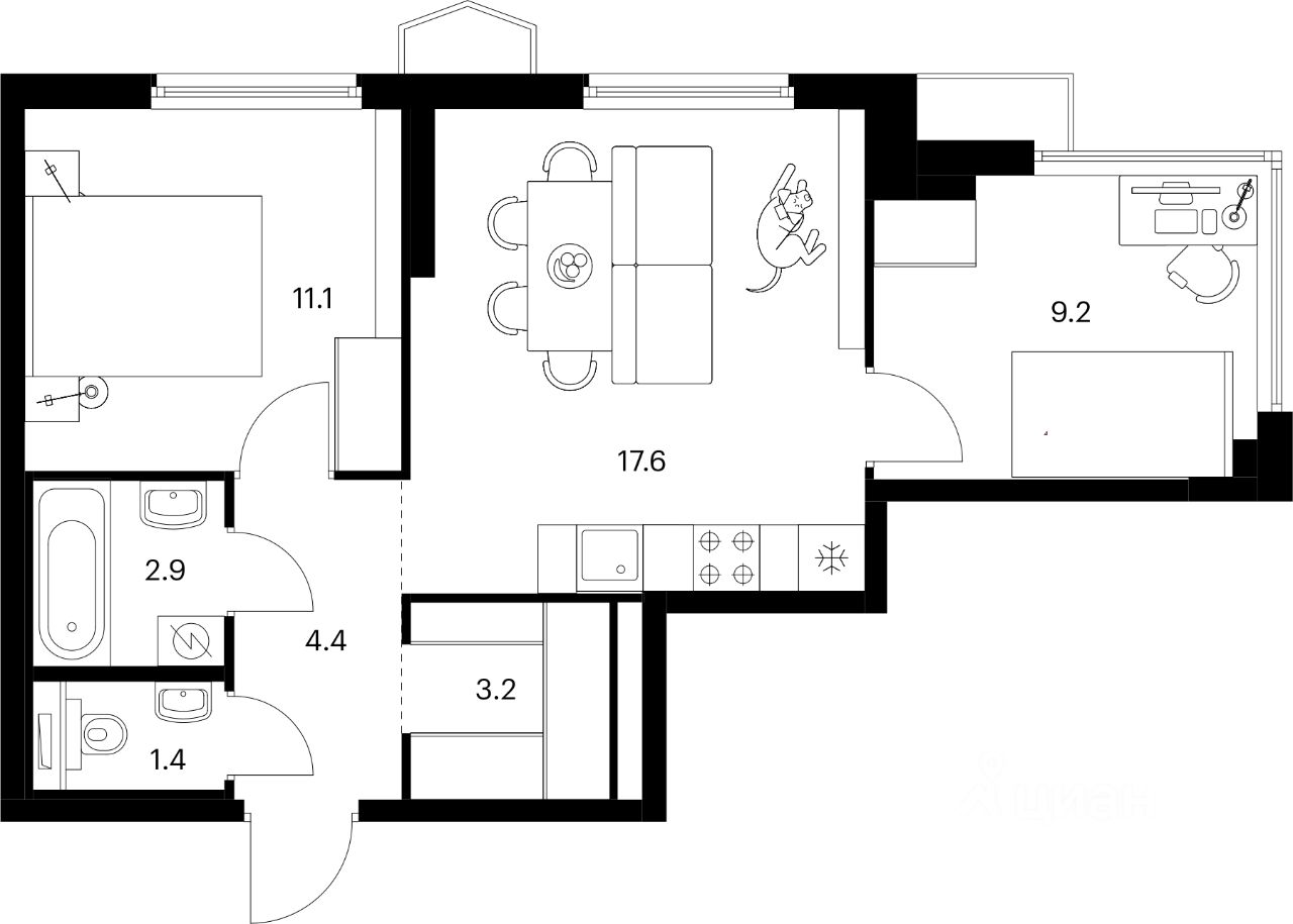 2-комн.кв., 49,8 м², 4/24 этаж