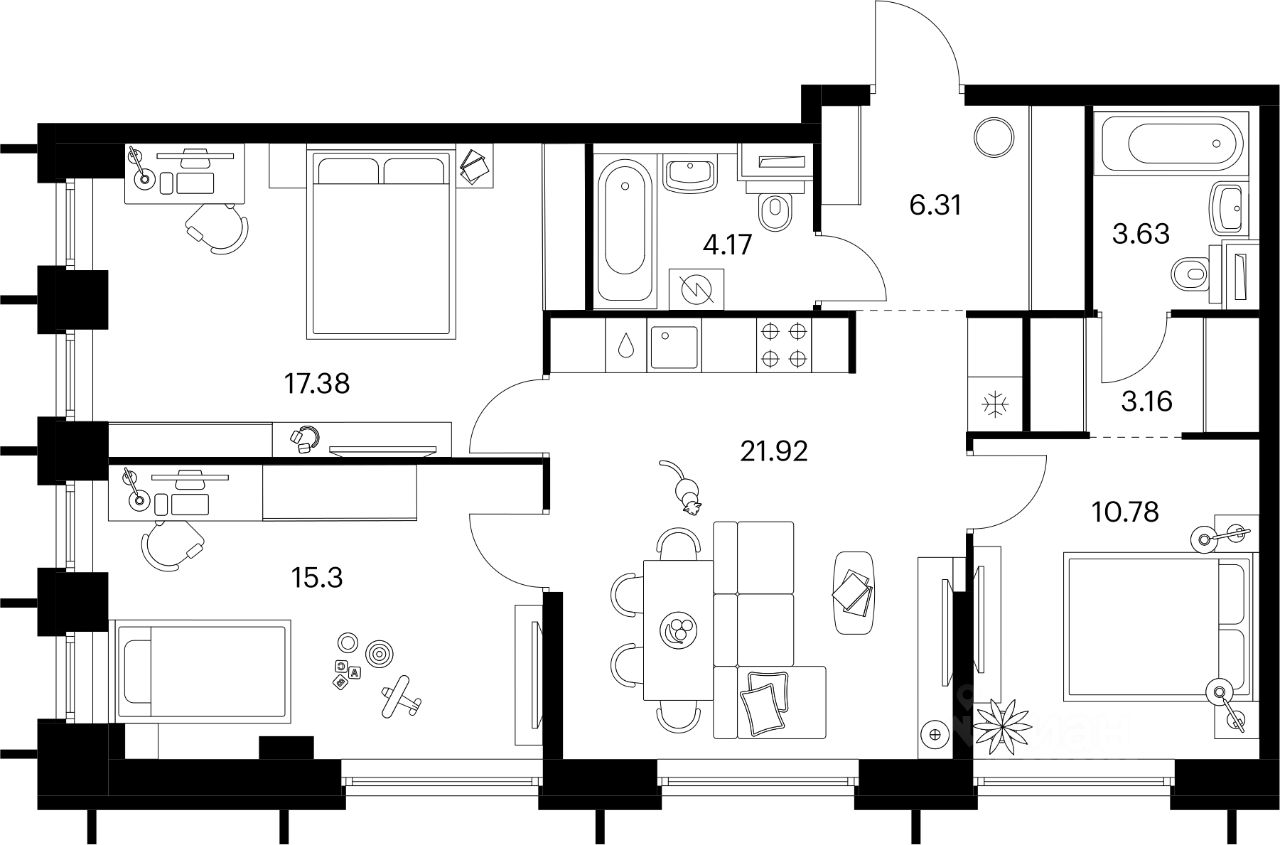 3-комн.кв., 82,7 м², 13/32 этаж