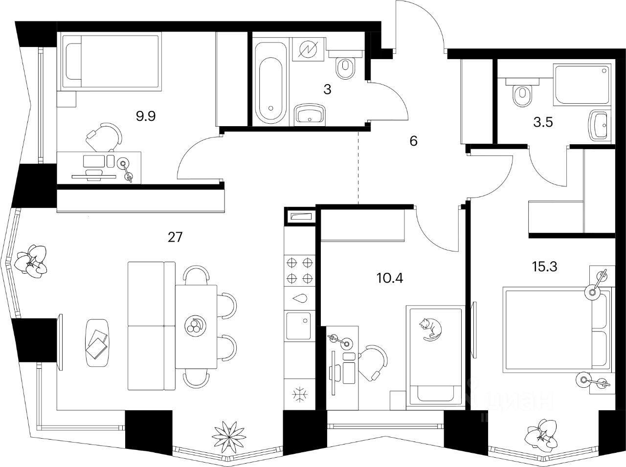 3-комн.кв., 75,1 м², 6/32 этаж