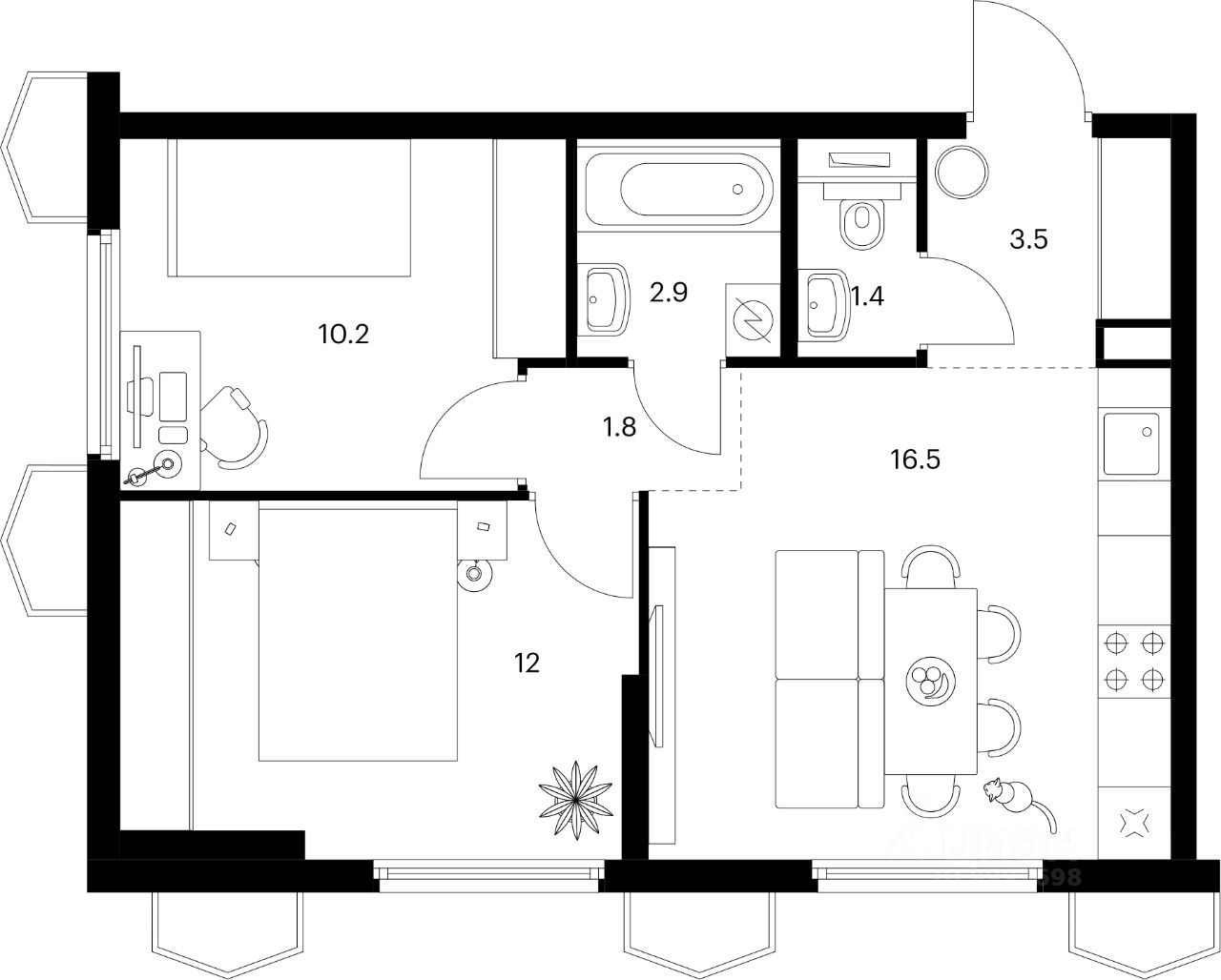 2-комн.кв., 48,3 м², 23/24 этаж