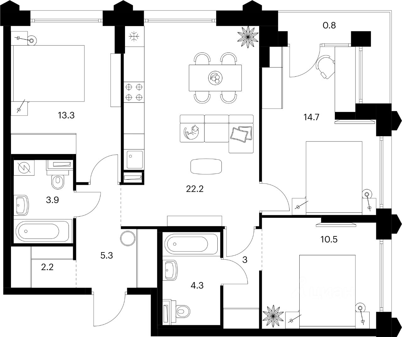 3-комн.кв., 80,2 м², 17/32 этаж