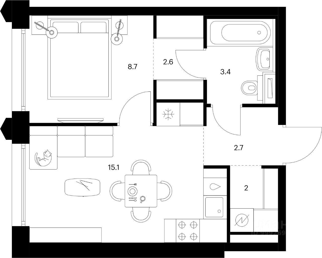 1-комн.кв., 34,5 м², 22/32 этаж