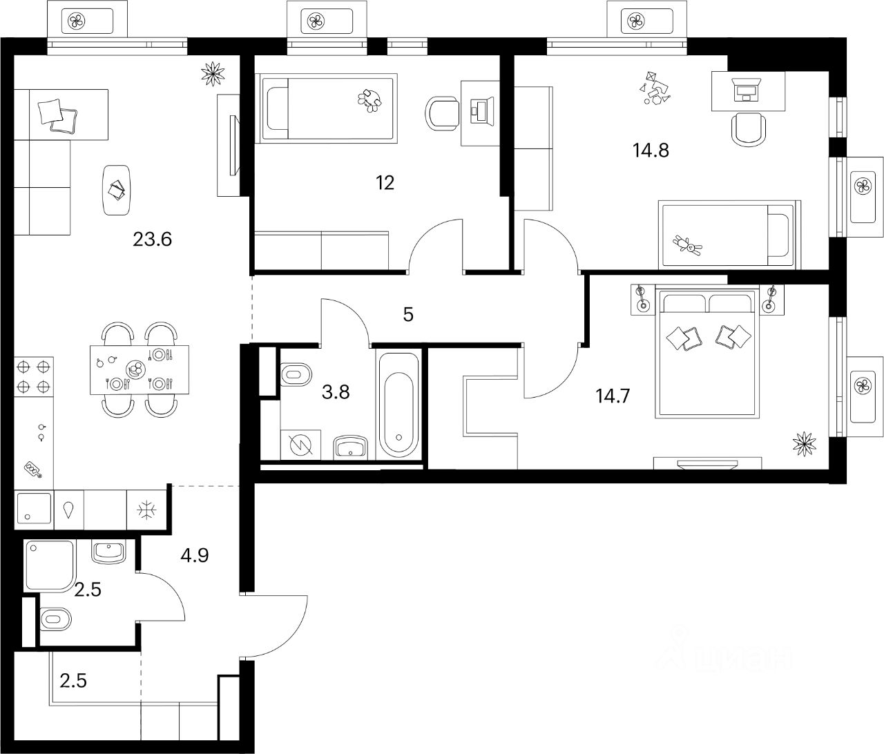 3-комн.кв., 83,8 м², 9/24 этаж
