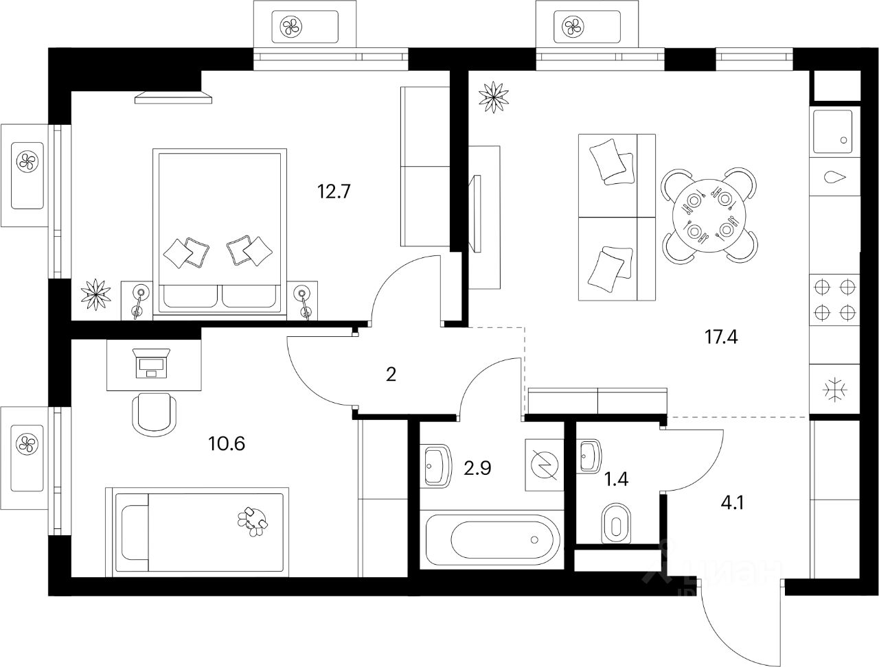 2-комн.кв., 51,1 м², 7/24 этаж