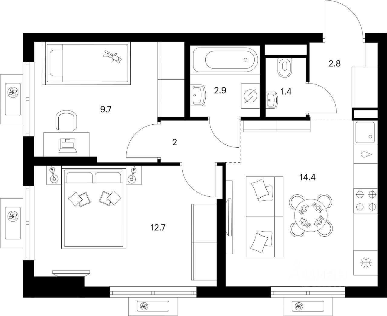 2-комн.кв., 45,9 м², 11/24 этаж