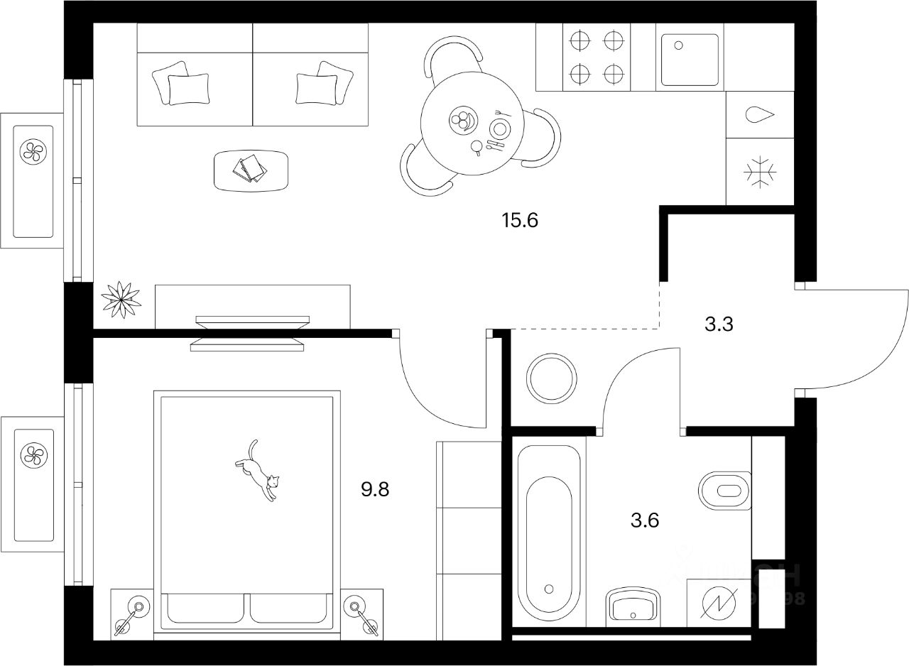 1-комн.кв., 32,3 м², 2/15 этаж